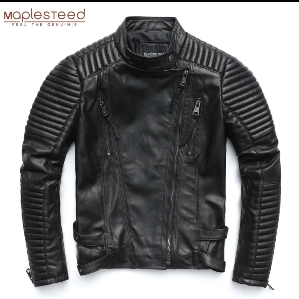 Maplesteed Women’s Genuine Black Sheepskin Leather Moto Biker Jacket Slim Fit - Picture 8 of 9